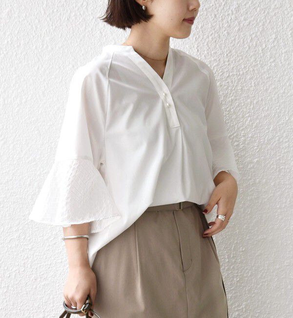 SHIPS for women「《予約》〈手洗い可能〉シアー ボーダー フレア スリーブ 半袖 ブラウス」|シャツ・ブラウス|