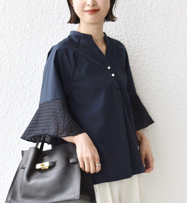 SHIPS for women「《予約》〈手洗い可能〉シアー ボーダー フレア スリーブ 半袖 ブラウス」|シャツ・ブラウス|