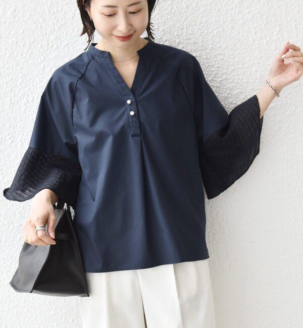 SHIPS for women「《予約》〈手洗い可能〉シアー ボーダー フレア スリーブ 半袖 ブラウス」|シャツ・ブラウス|