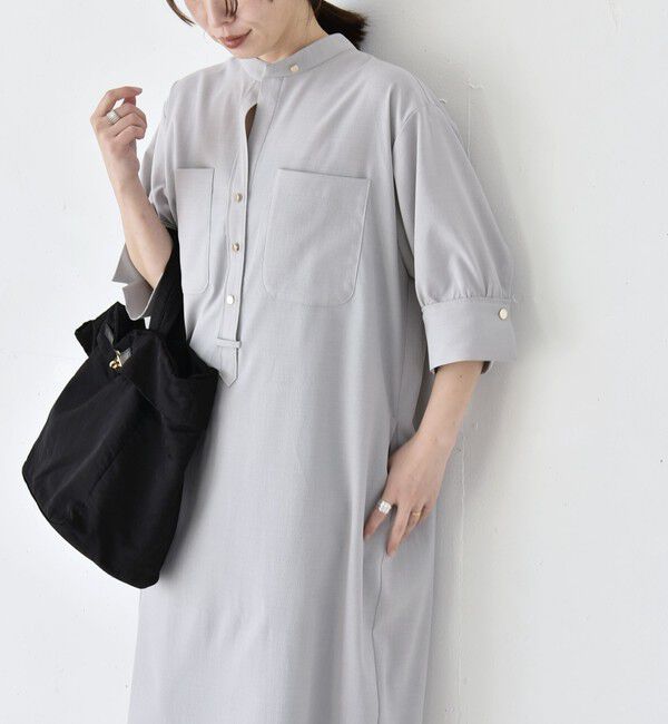 quaranciel「《予約》quaranciel:〈洗濯機可能〉CALCULO(R)使用 バンドカラー シャツ ワンピース」|ワンピース|ライトグレー