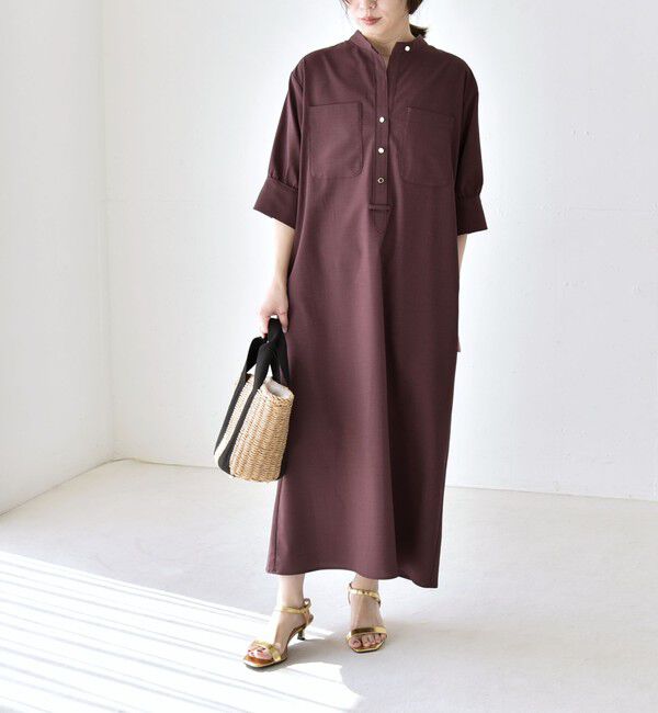 quaranciel「《予約》quaranciel:〈洗濯機可能〉CALCULO(R)使用 バンドカラー シャツ ワンピース」|ワンピース|ブラウン