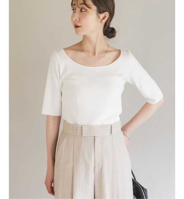 NOBLE「【洗える】14Gデコルテハーフスリーブニット」|ニット・セーター|