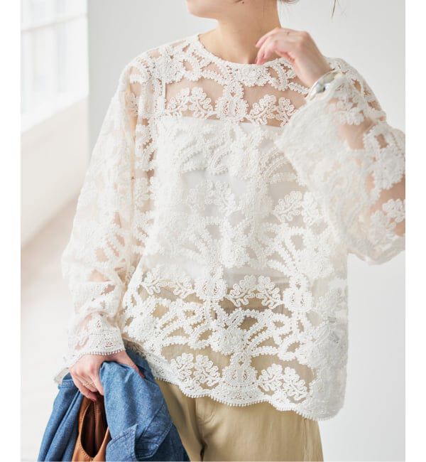 Spick and Span「《WEB限定 / 追加予約》コードエンブロイダリーチュールブラウス」|シャツ・ブラウス|