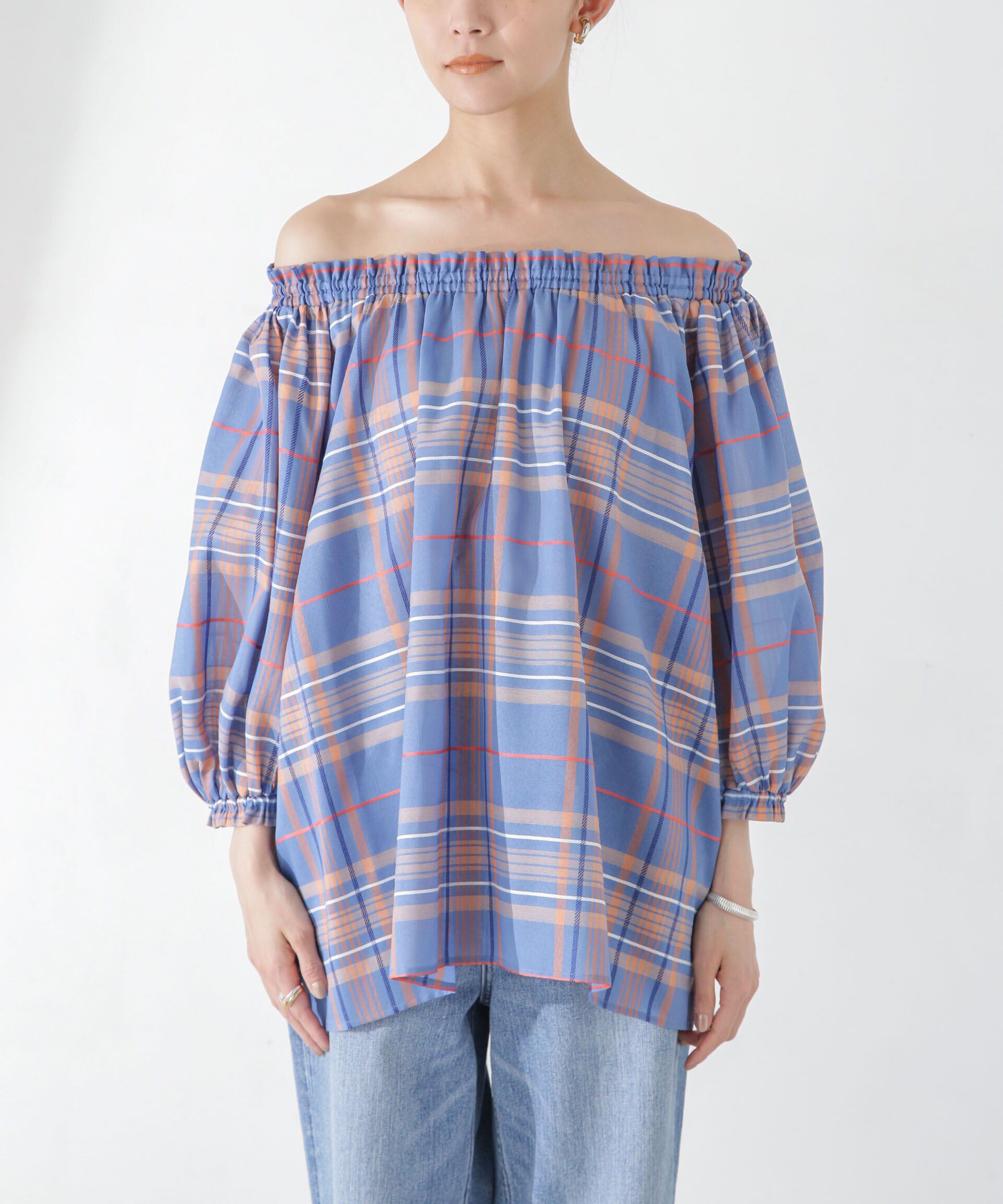 nano･universe「シアーチェックギャザー2wayブラウス」|シャツ・ブラウス|