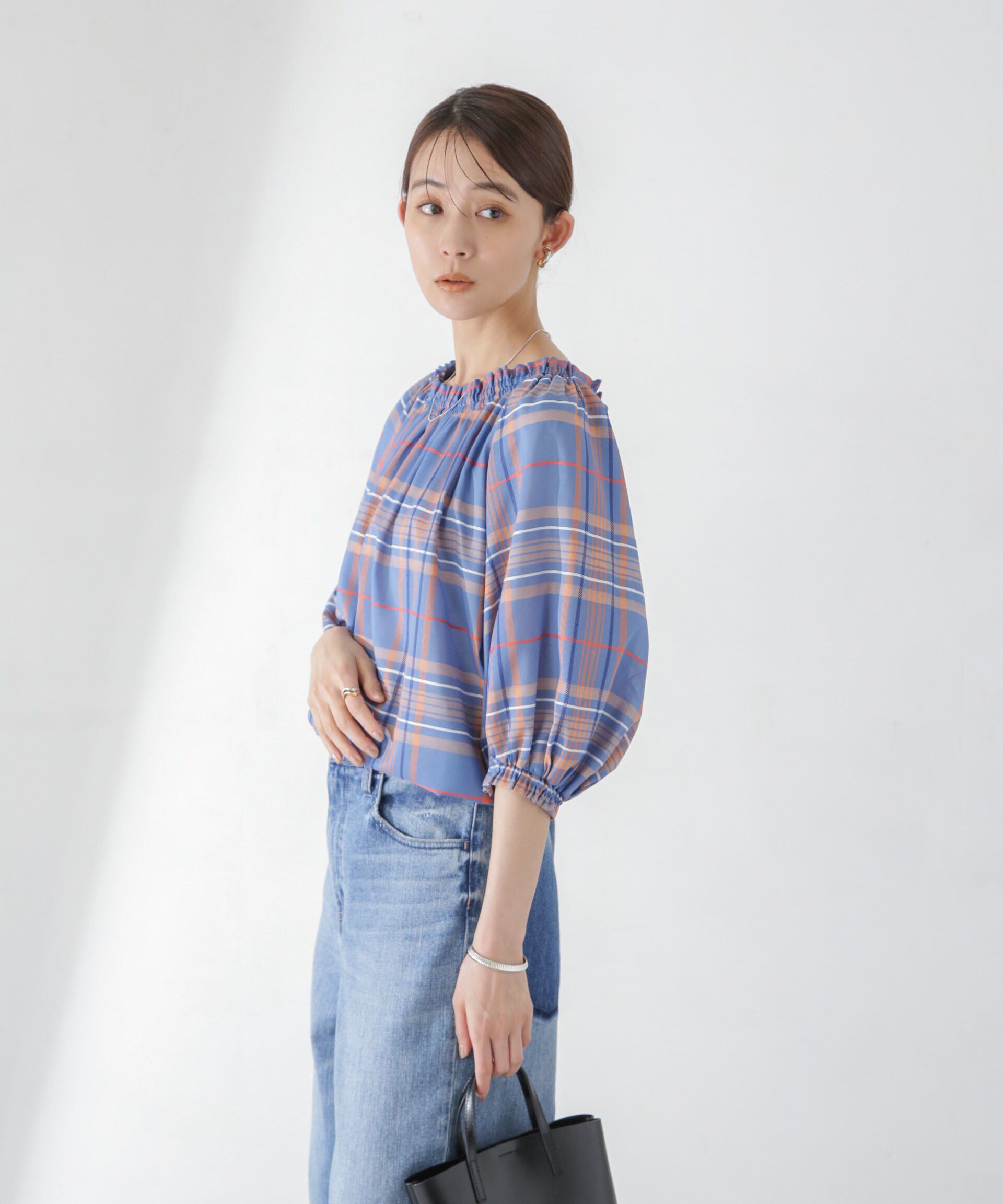 nano･universe「シアーチェックギャザー2wayブラウス」|シャツ・ブラウス|