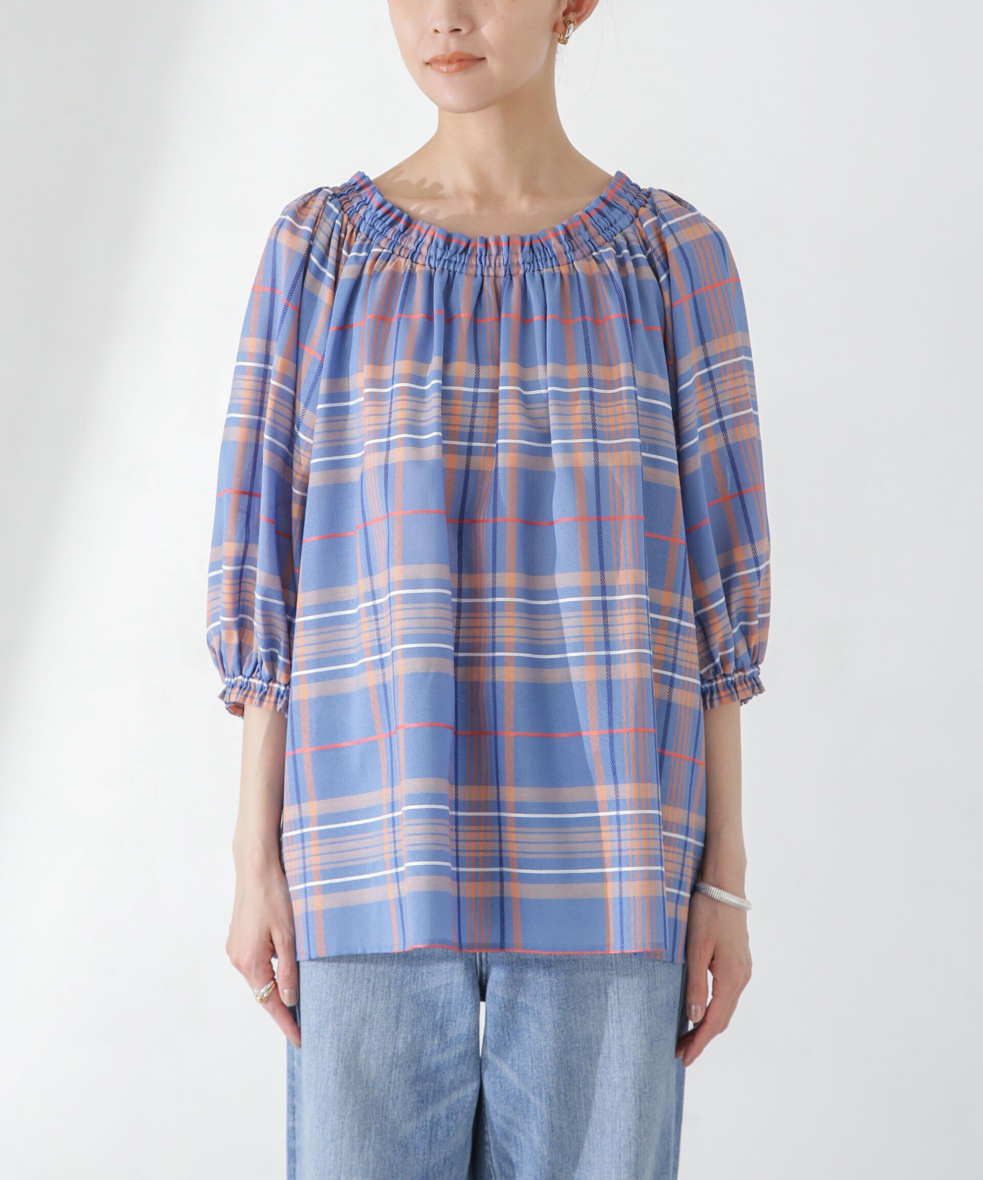 nano･universe「シアーチェックギャザー2wayブラウス」|シャツ・ブラウス|