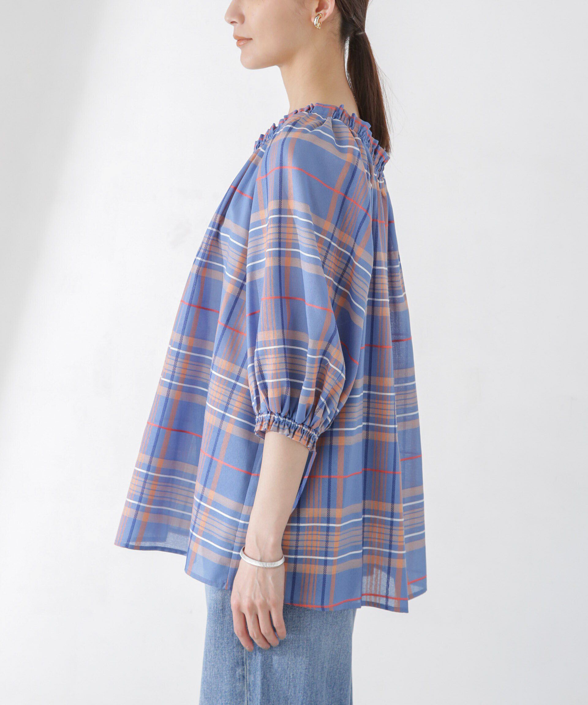 nano･universe「シアーチェックギャザー2wayブラウス」|シャツ・ブラウス|