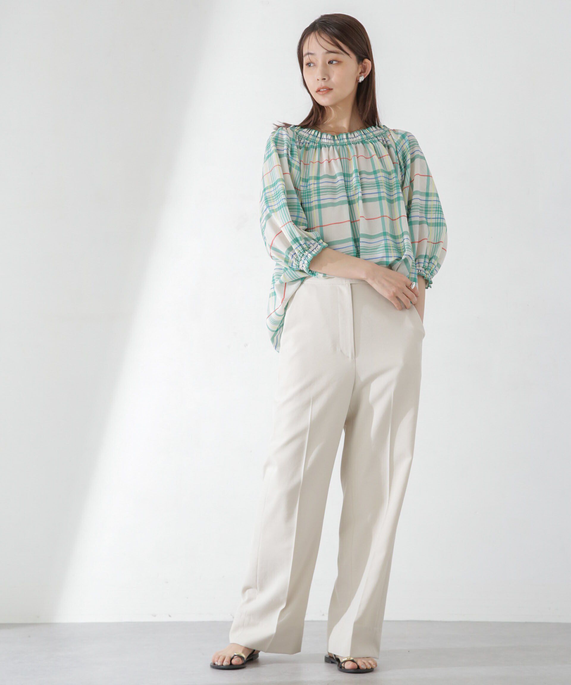 nano･universe「シアーチェックギャザー2wayブラウス」|シャツ・ブラウス|