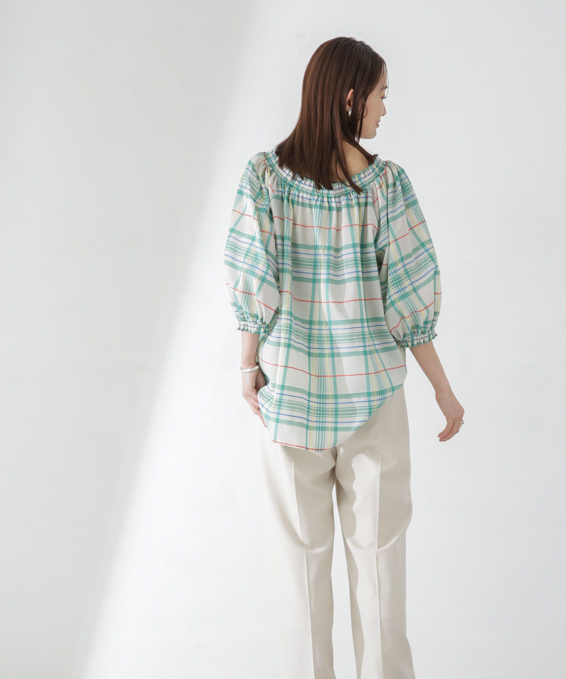 nano･universe「シアーチェックギャザー2wayブラウス」|シャツ・ブラウス|