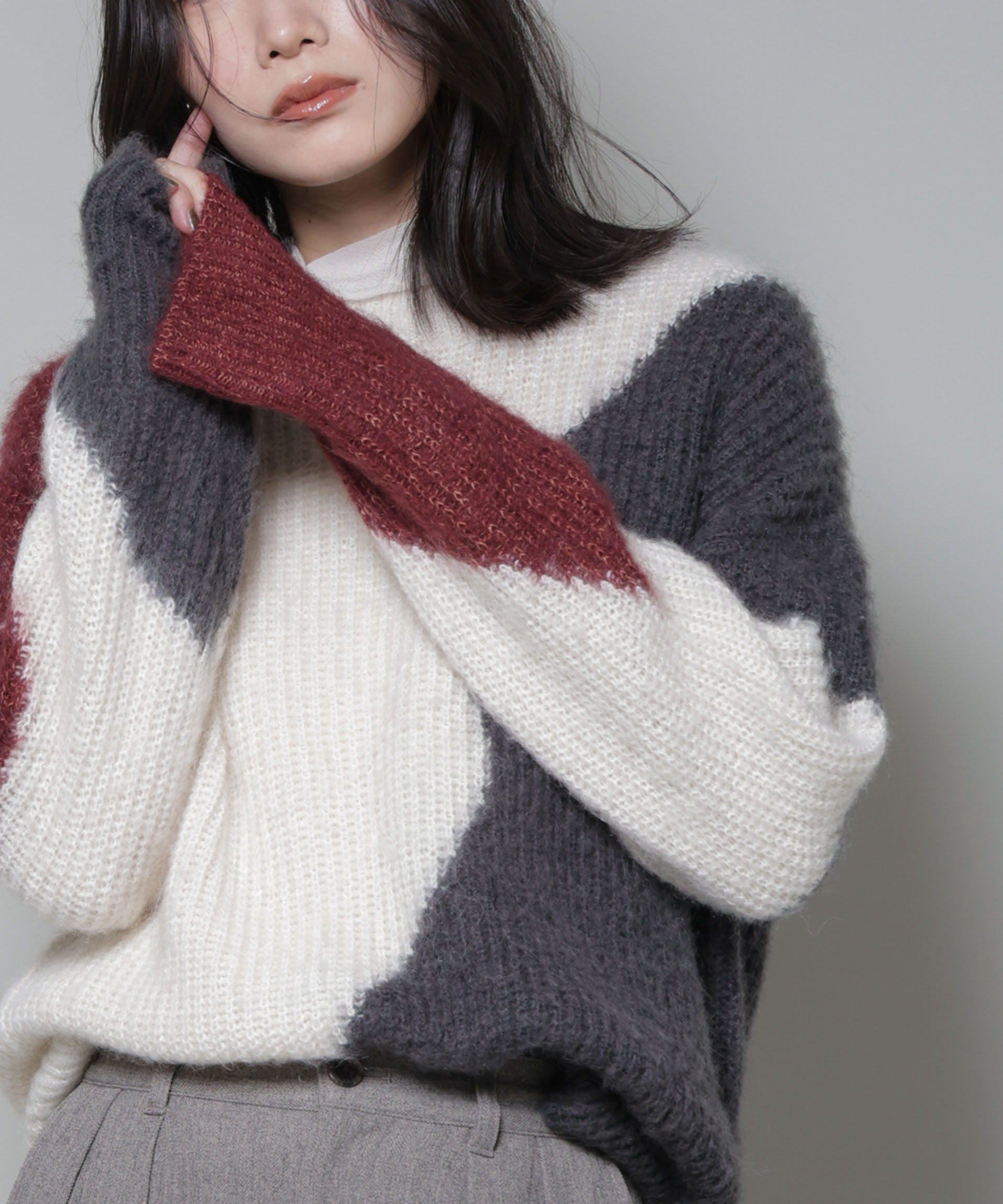 nano･universe「モヘヤ起毛カーブパターンブロッキングニット」|ニット・セーター|