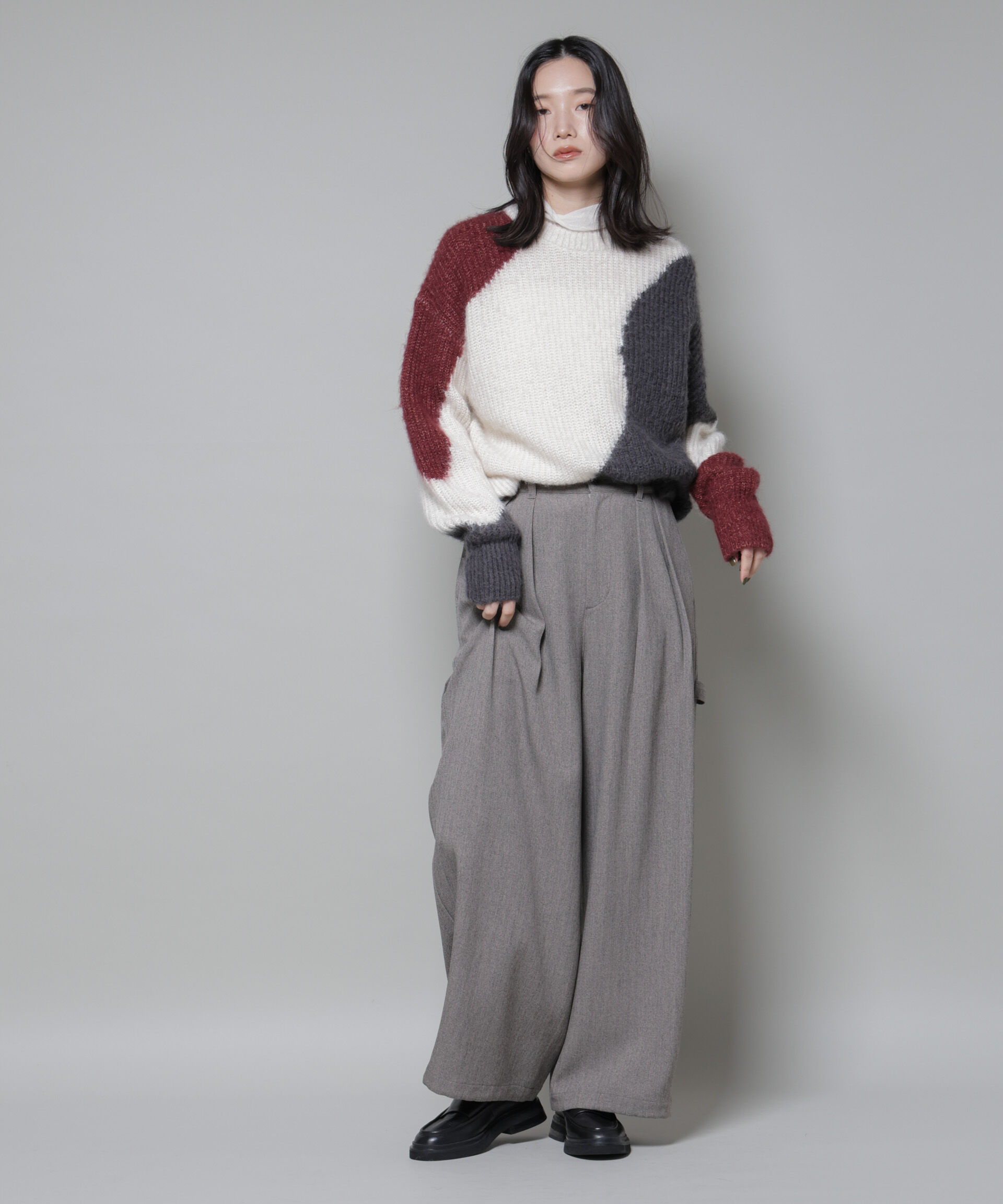 nano･universe「モヘヤ起毛カーブパターンブロッキングニット」|ニット・セーター|