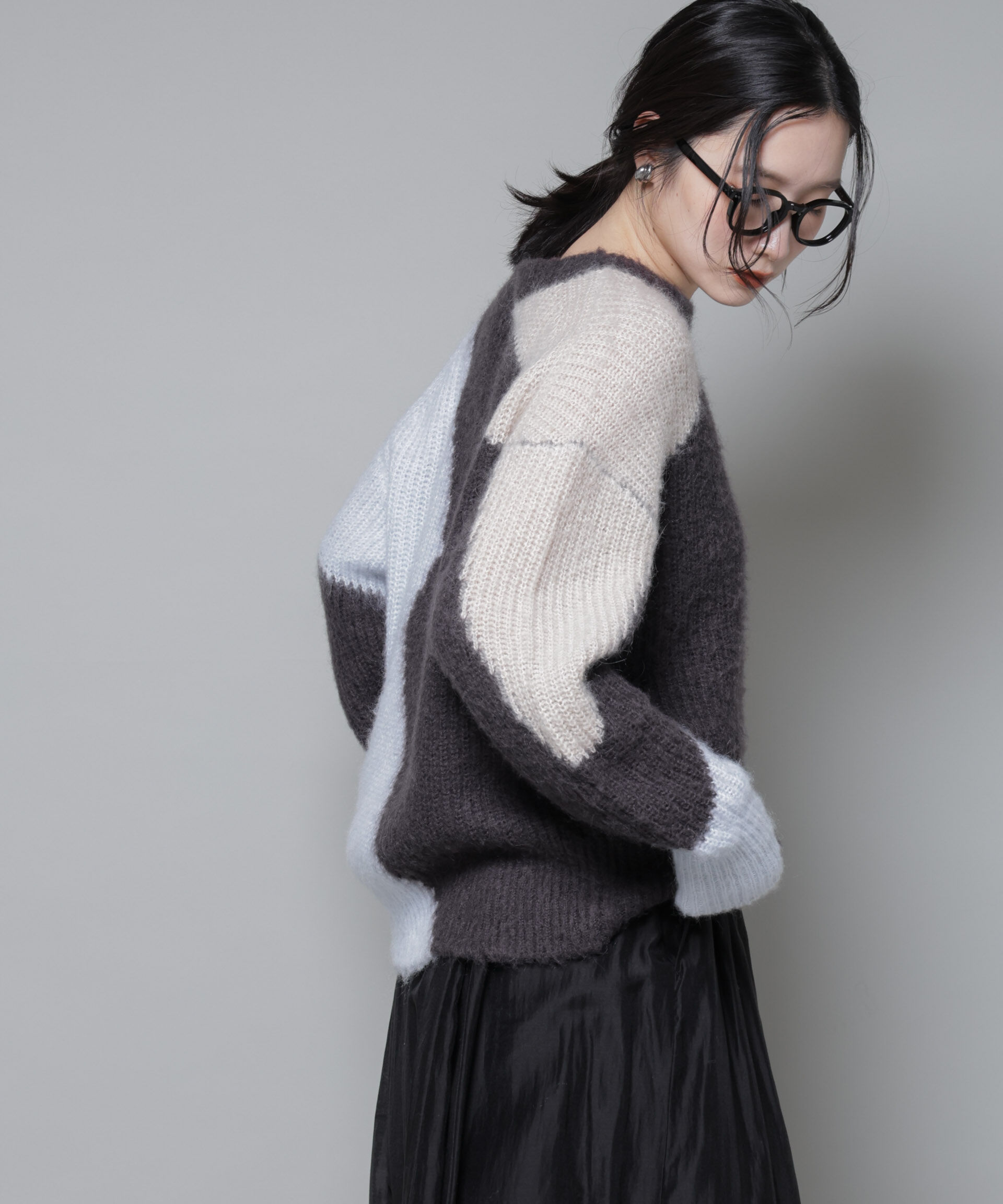 nano･universe「モヘヤ起毛カーブパターンブロッキングニット」|ニット・セーター|