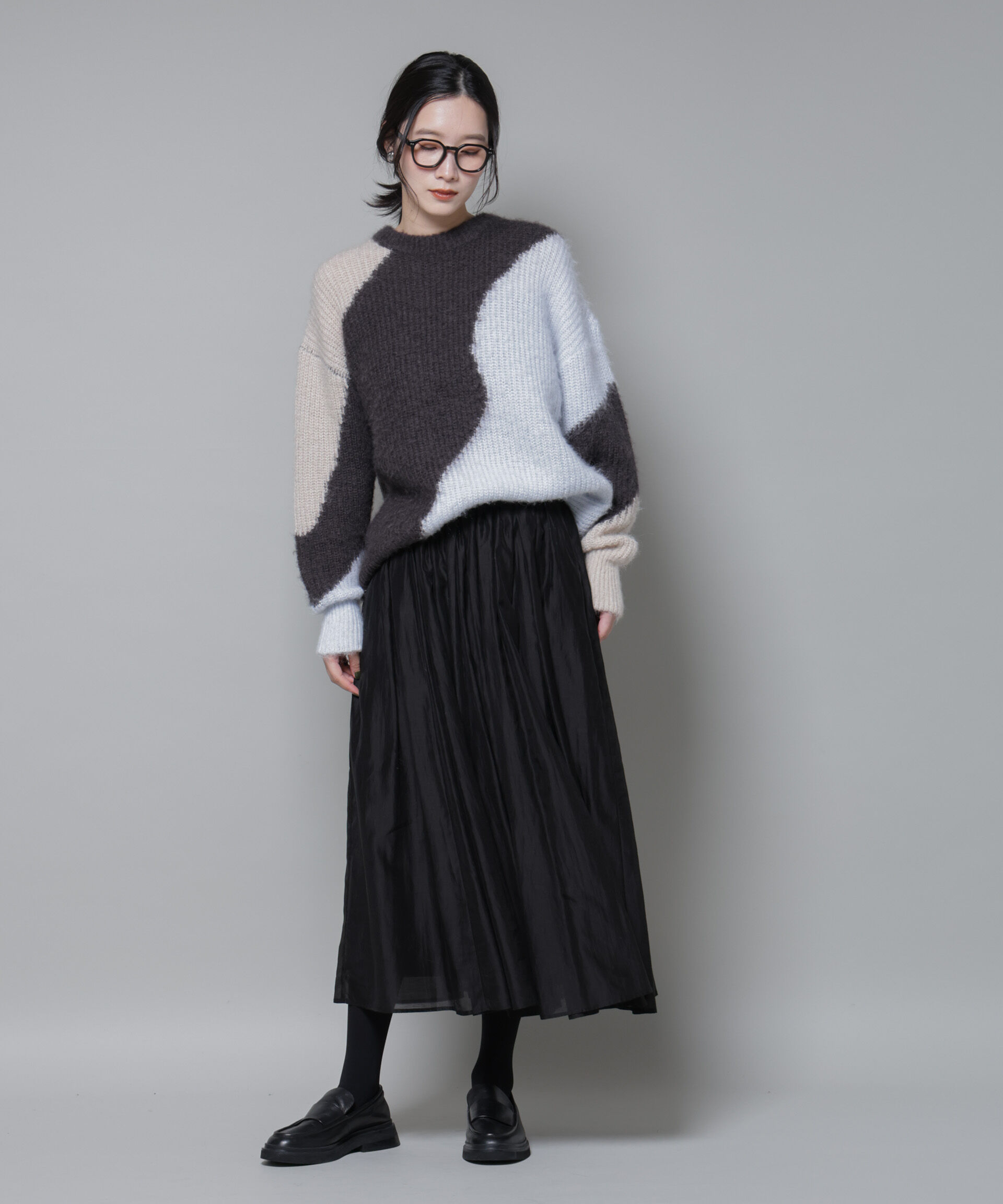 nano･universe「モヘヤ起毛カーブパターンブロッキングニット」|ニット・セーター|