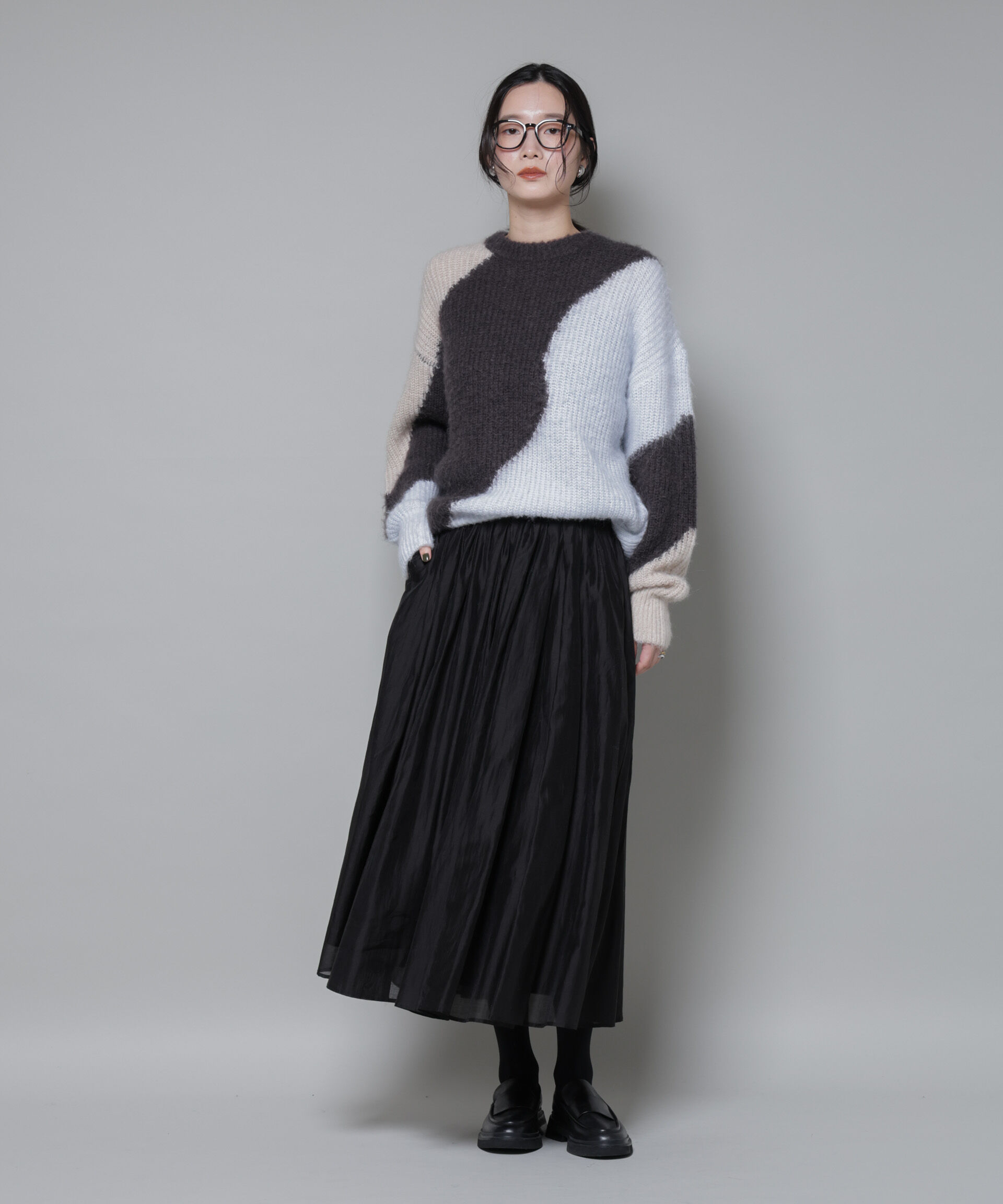 nano･universe「モヘヤ起毛カーブパターンブロッキングニット」|ニット・セーター|