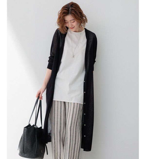 23区「【洗える】シャイニーシアー ニット ロングカーディガン」|ニット・セーター|ブラック系