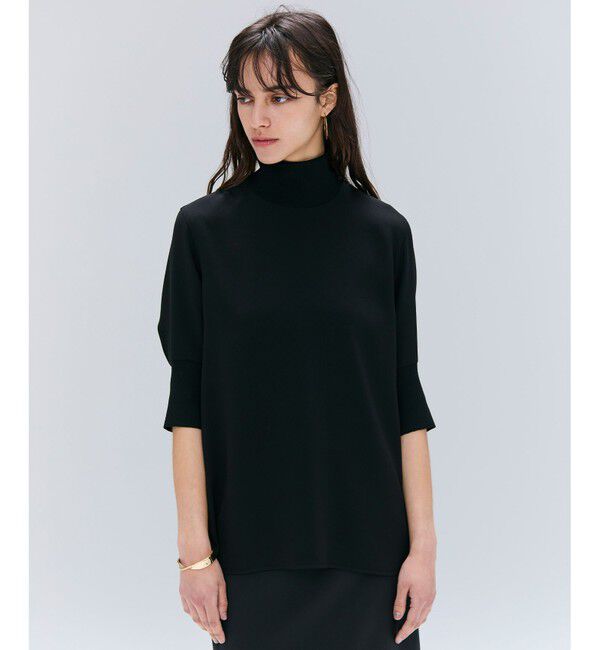 BEIGE,「【洗える】FLEUR / ニットコンビハイネック半袖ブラウス」|シャツ・ブラウス|Black