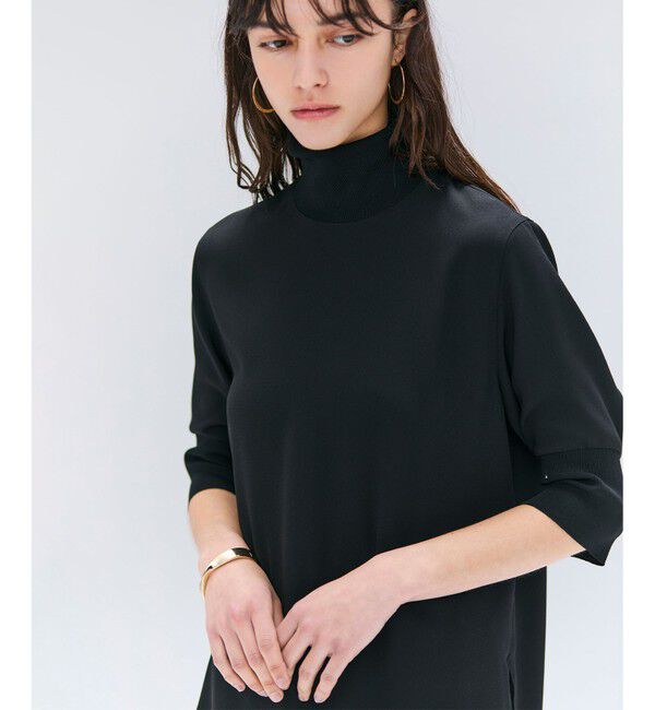 BEIGE,「【洗える】FLEUR / ニットコンビハイネック半袖ブラウス」|シャツ・ブラウス|