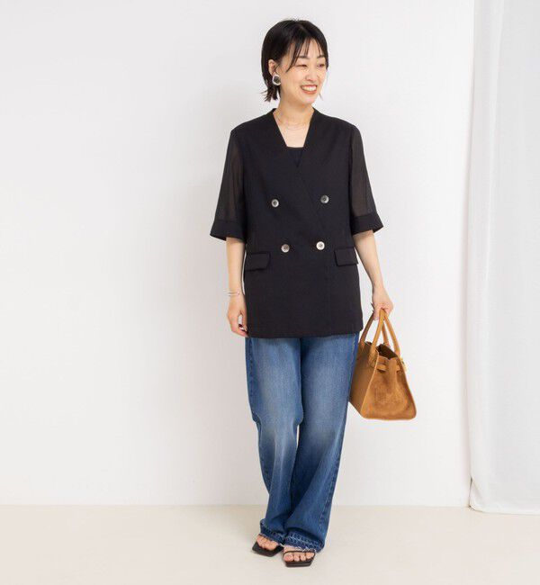 NOLLEY'S「ウォッシャブルリネン風シアー5分袖ジャケット」|ノーカラージャケット|