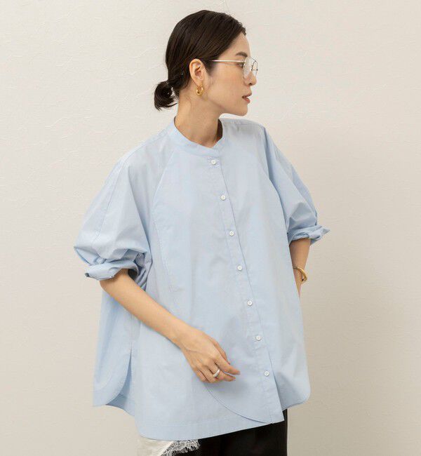 MAQWEL「【MAQWEL/マクウェル】ウォッシャブルバンドカラーラグランシャツ」|シャツ・ブラウス|サックス