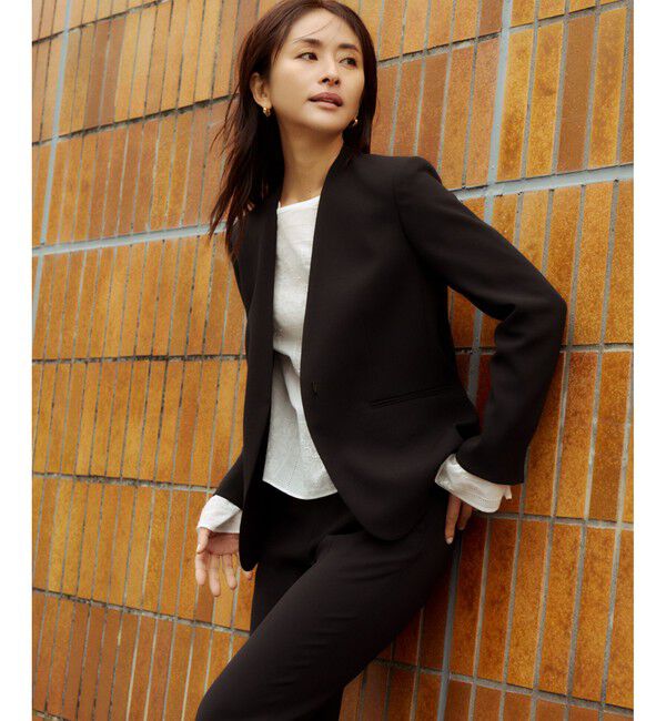 ROPE「トリアセバックサテン ジャケット【オフィス/通勤/セットアップ対応】/洗える」|ノーカラージャケット|