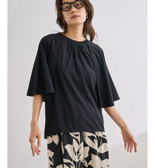 ROPE「【洗える】ケープスリーブ リンキングブラウス」|シャツ・ブラウス|ブラック(01)