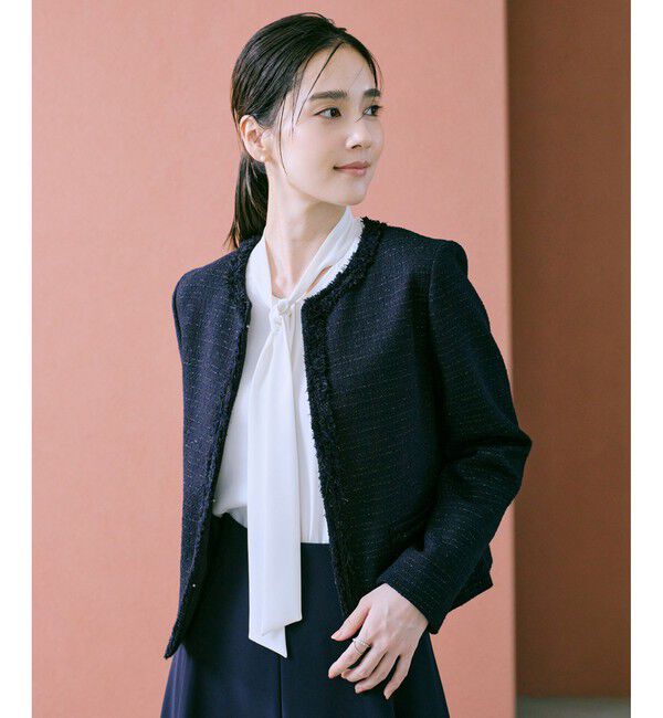 ROPE「ミックスツイードノーカラージャケット/セットアップ対応・25AW」|ノーカラージャケット|ネイビー(40)