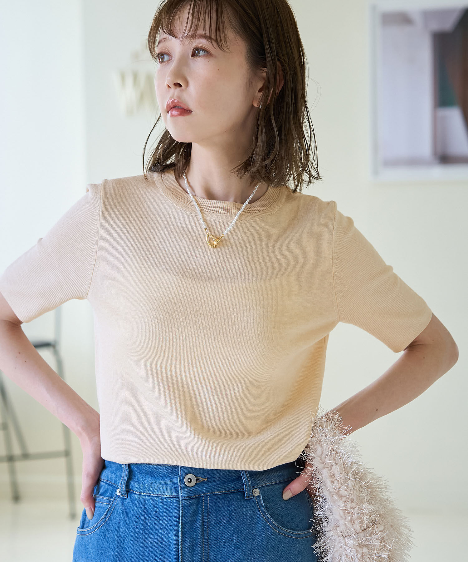 Rope&rsquo;Picnic「スパークナイロンハーフスリーブニットプルオーバー」|ニット・セーター|