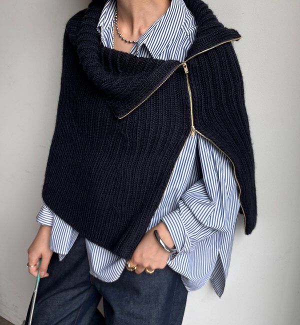  「ジップアップポンチョ」|ニット・セーター|ネイビー