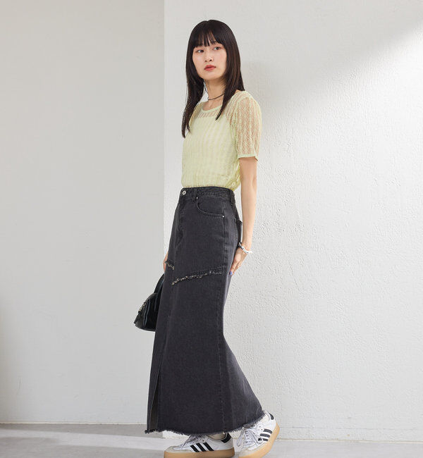  「【2サイズ展開】デニムロングスリットスカート」|スカート|