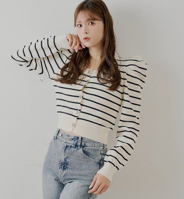  「【SALON by Chico】ビジューボタンパワショルデザインカーディガン」|カーディガン|