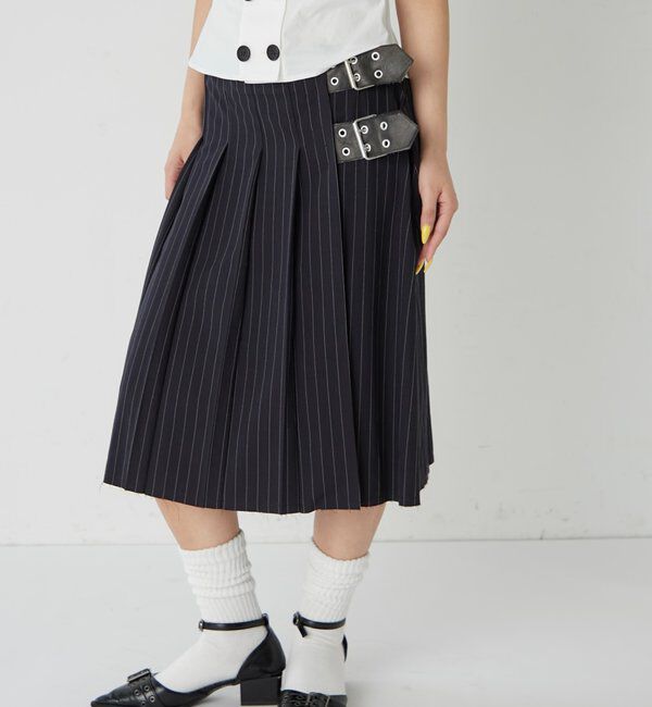  「ダブルベルトミディプリーツスカート」|スカート|ネイビー