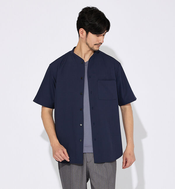 ABAHOUSE「【変形襟】トロミシャンブレー カラーレス 半袖シャツ / バンドカラー」|シャツ・ブラウス|ネイビー