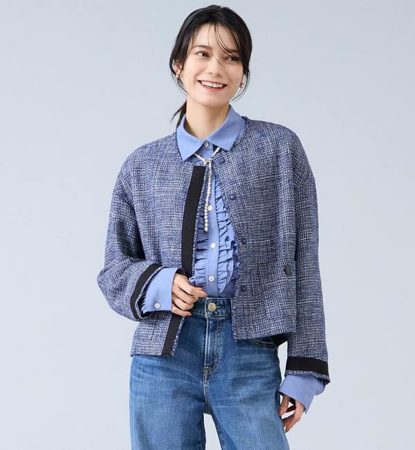 Liesse「ノーカラーツイードジャケット」|ノーカラージャケット|ホワイト&times;ネイビー