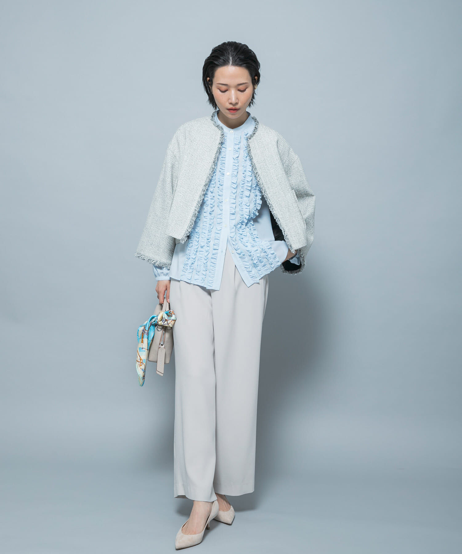 URBAN RESEARCH ROSSO「ツイードショートジャケット」|ノーカラージャケット|