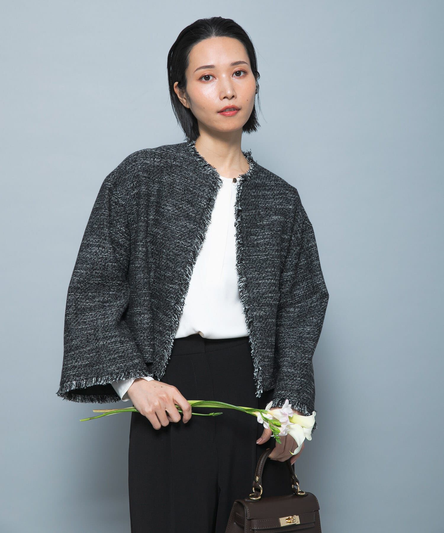 URBAN RESEARCH ROSSO「ツイードショートジャケット」|ノーカラージャケット|ブラック