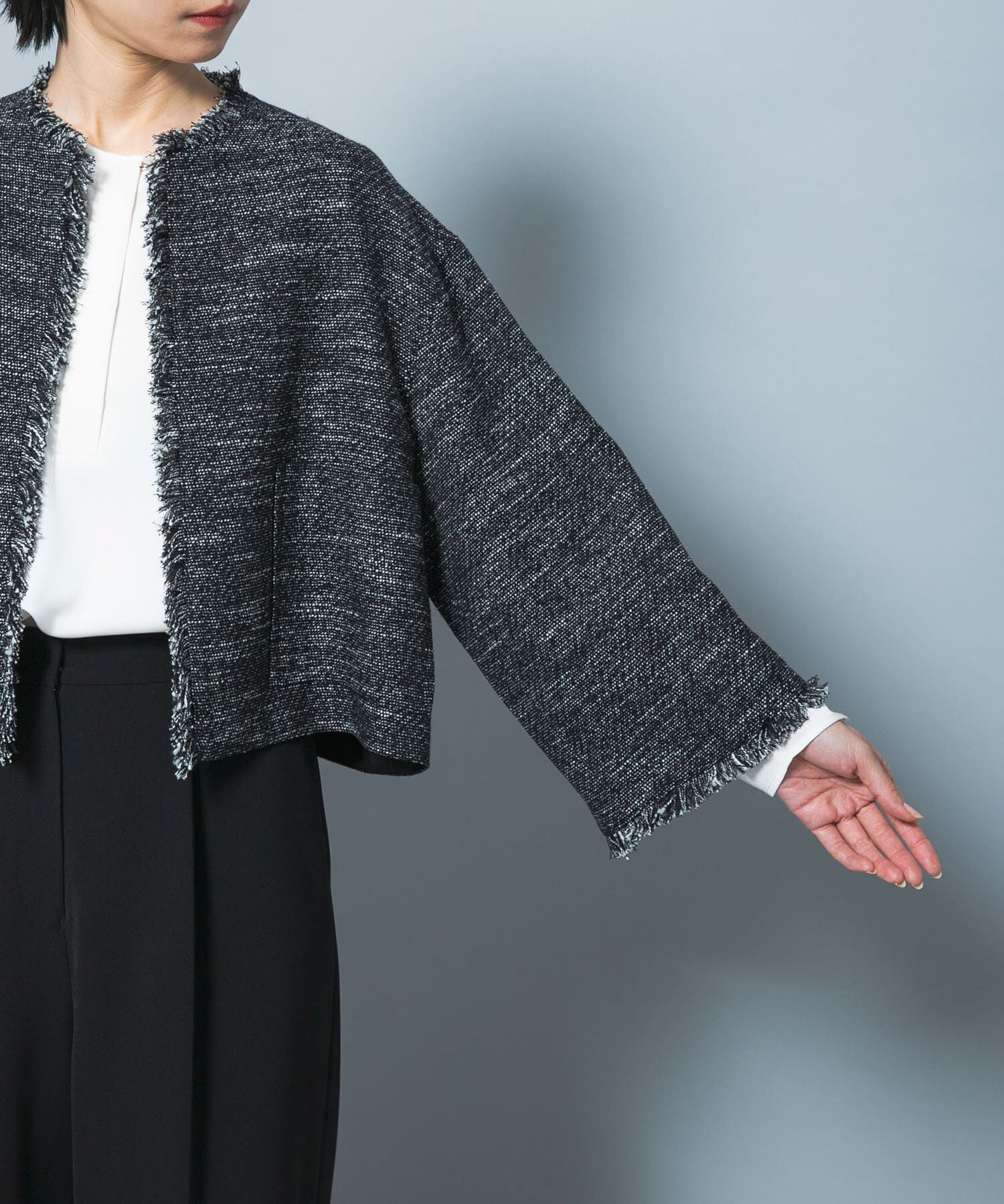 URBAN RESEARCH ROSSO「ツイードショートジャケット」|ノーカラージャケット|