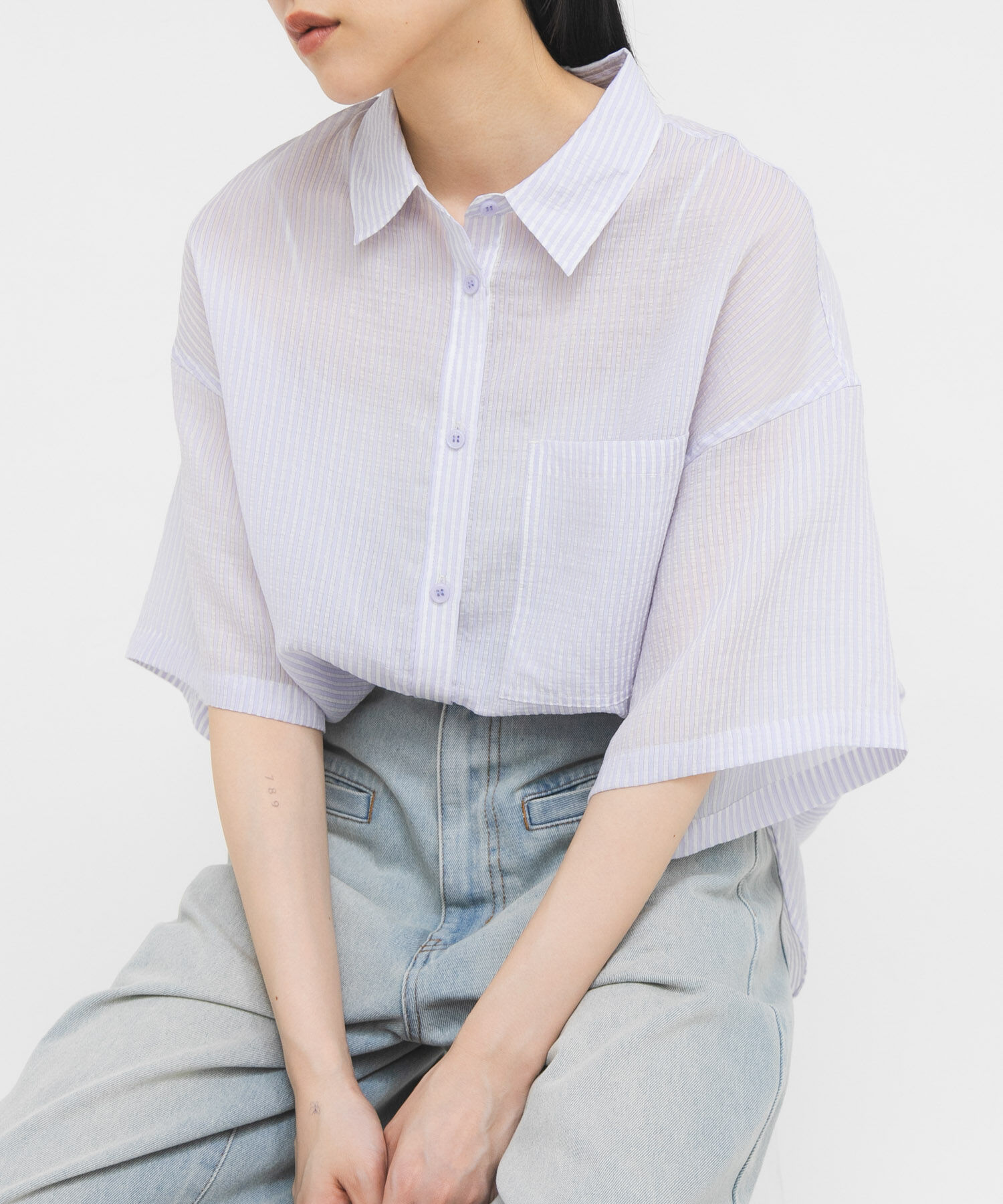  「シアーストライプBIGシャツ」|シャツ・ブラウス|パープル系その他