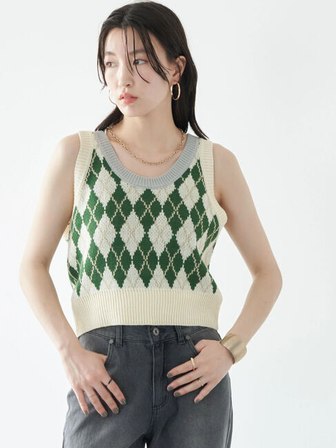 earth music&ecology「アーガイルニットショートベスト」|ベスト・ジレ|アイボリー