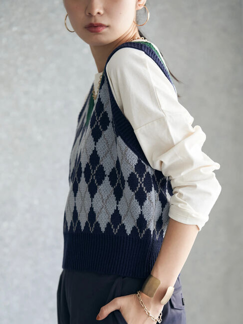 earth music&ecology「アーガイルニットショートベスト」|ベスト・ジレ|