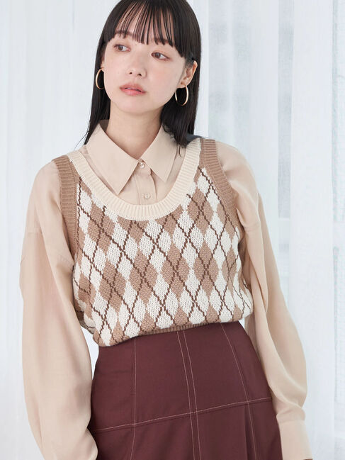 earth music&ecology「アーガイルニットショートベスト」|ベスト・ジレ|ベージュ
