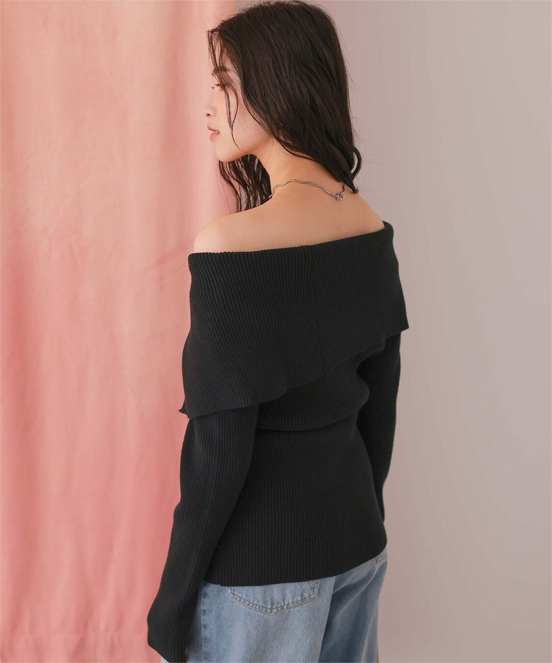 titivate「アシンメトリーオフショルダーニットトップス」|ニット・セーター|