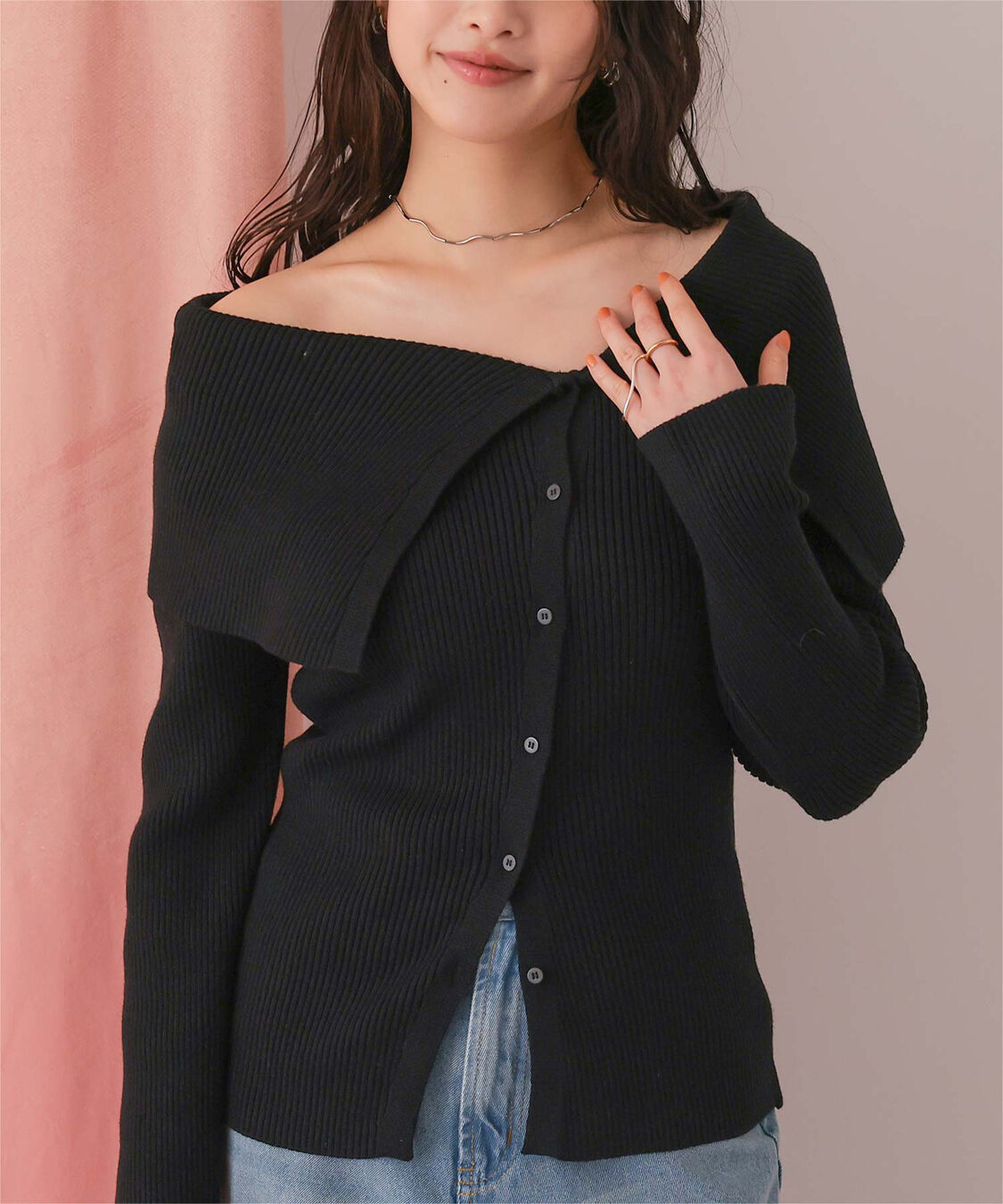 titivate「アシンメトリーオフショルダーニットトップス」|ニット・セーター|