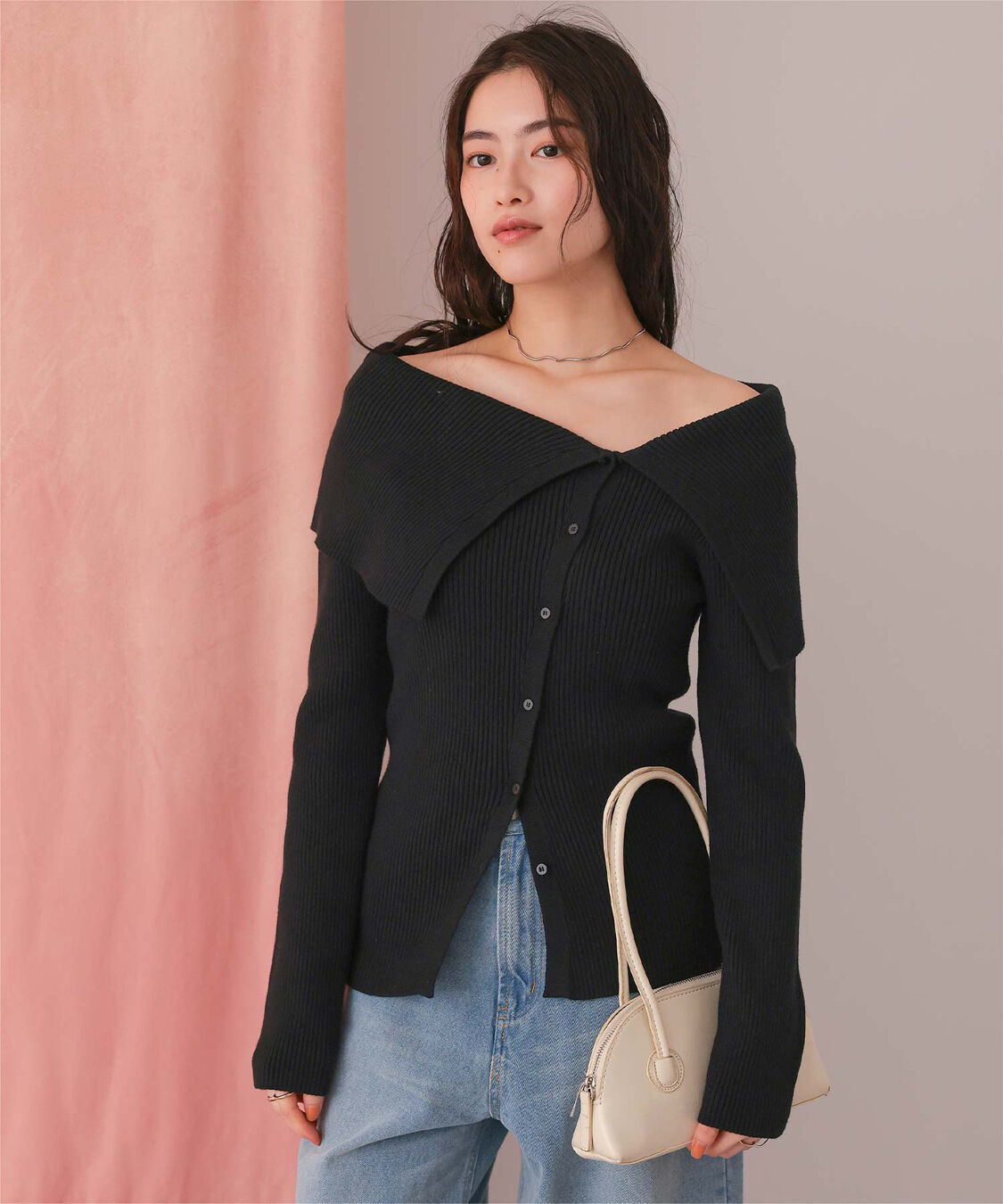 titivate「アシンメトリーオフショルダーニットトップス」|ニット・セーター|