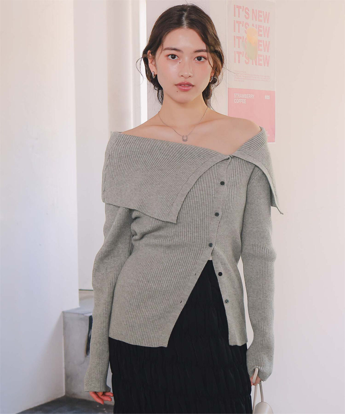 titivate「アシンメトリーオフショルダーニットトップス」|ニット・セーター|グレー