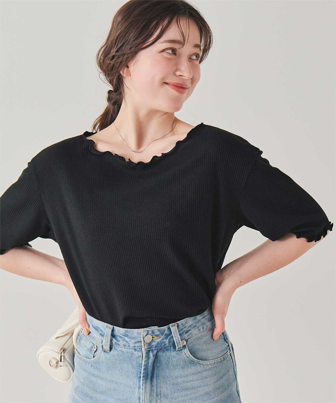 titivate「機能性リブカットソーメロートップス」|Tシャツ・カットソー|ブラック