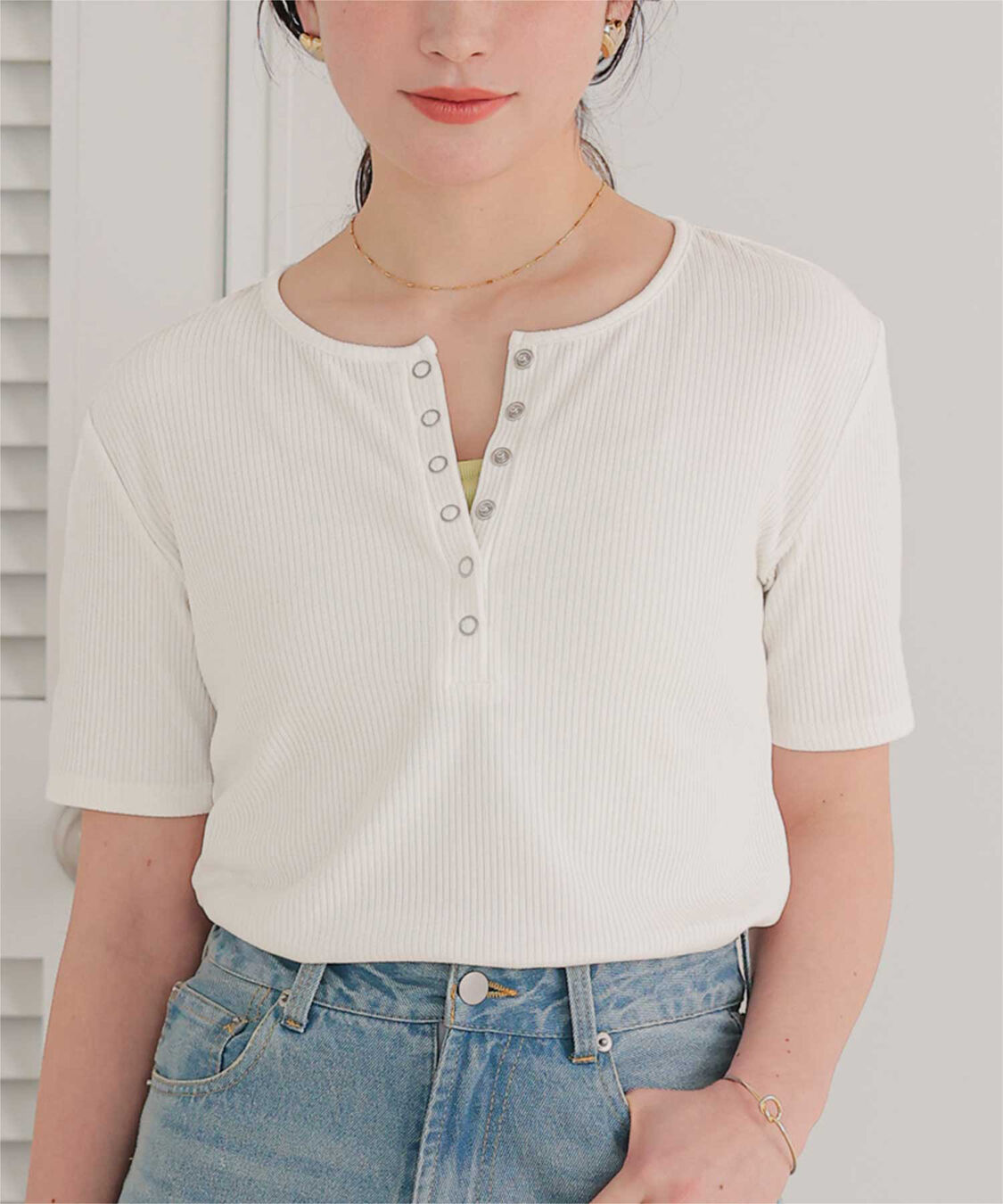 titivate「機能性リブカットソーヘンリーネックトップス」|Tシャツ・カットソー|オフホワイト