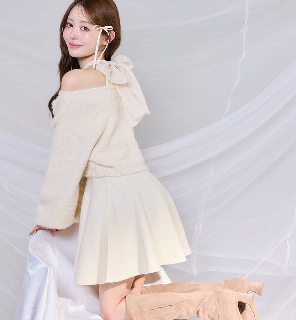  「2wayフェザーカーデSET後ろリボンニットミニワンピ」|ワンピース|