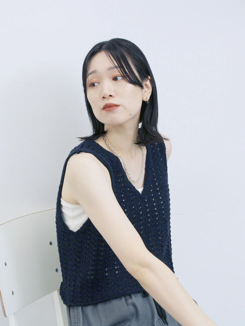 Samansa Mos2 blue「テープヤーン透かしニットベスト」|ニット・セーター|