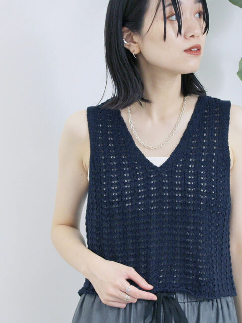 Samansa Mos2 blue「テープヤーン透かしニットベスト」|ニット・セーター|