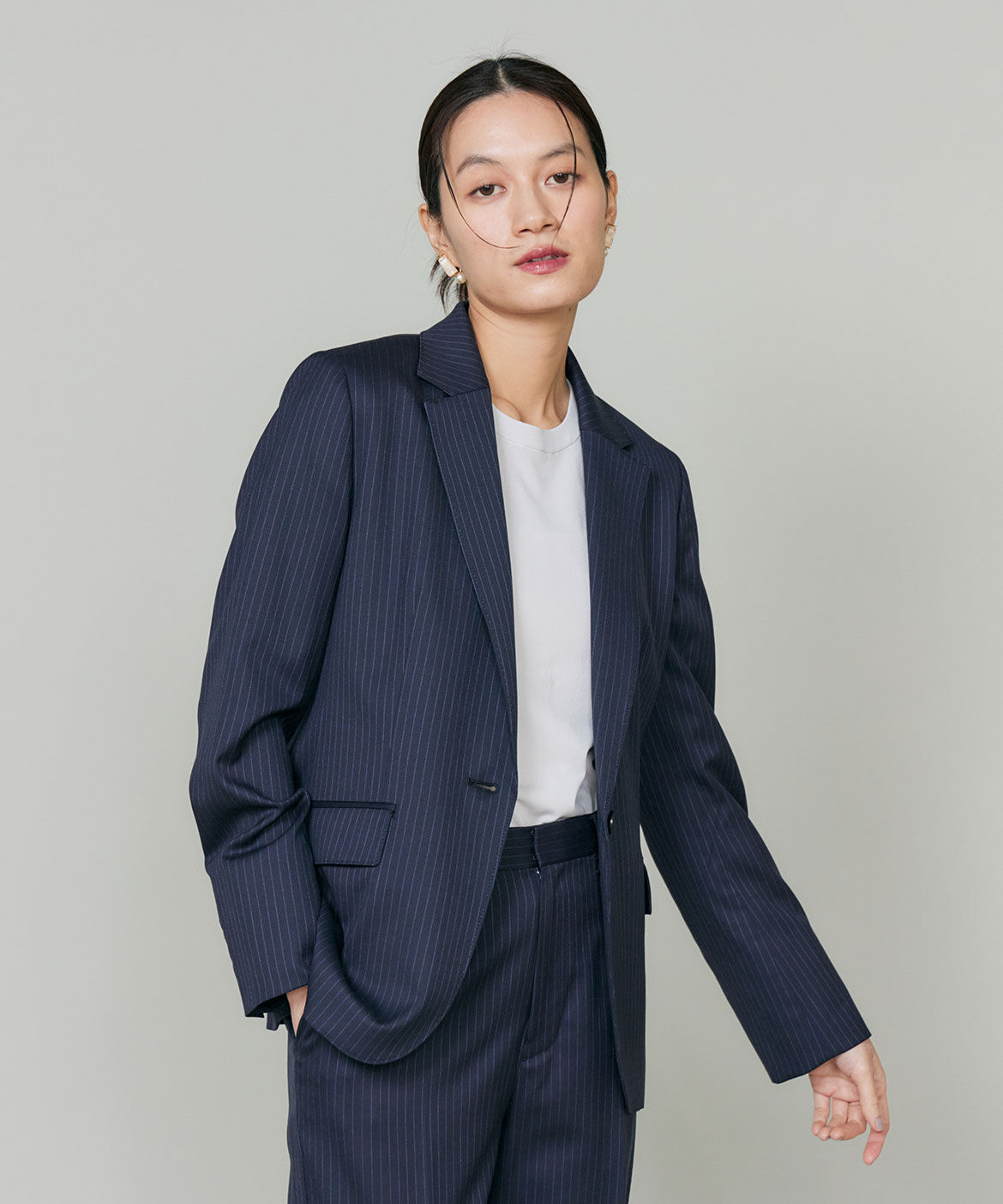 INED「《大きいサイズ》シルクウールストライプシングルジャケット」|テーラードジャケット|